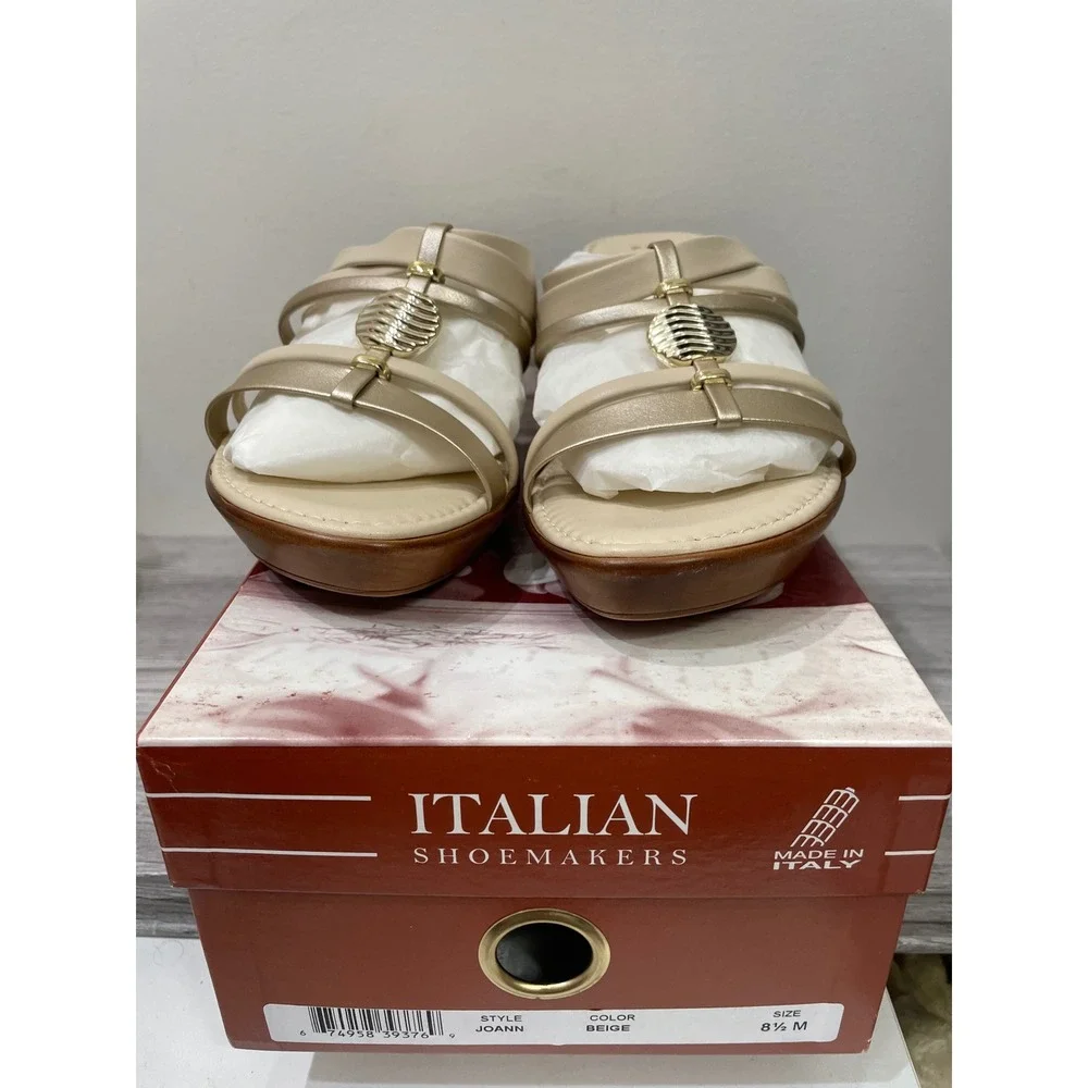 Italian Shoemakers Joann Beige Gold Multi-Strap Wedge Sandals Made in Italy 8.5M